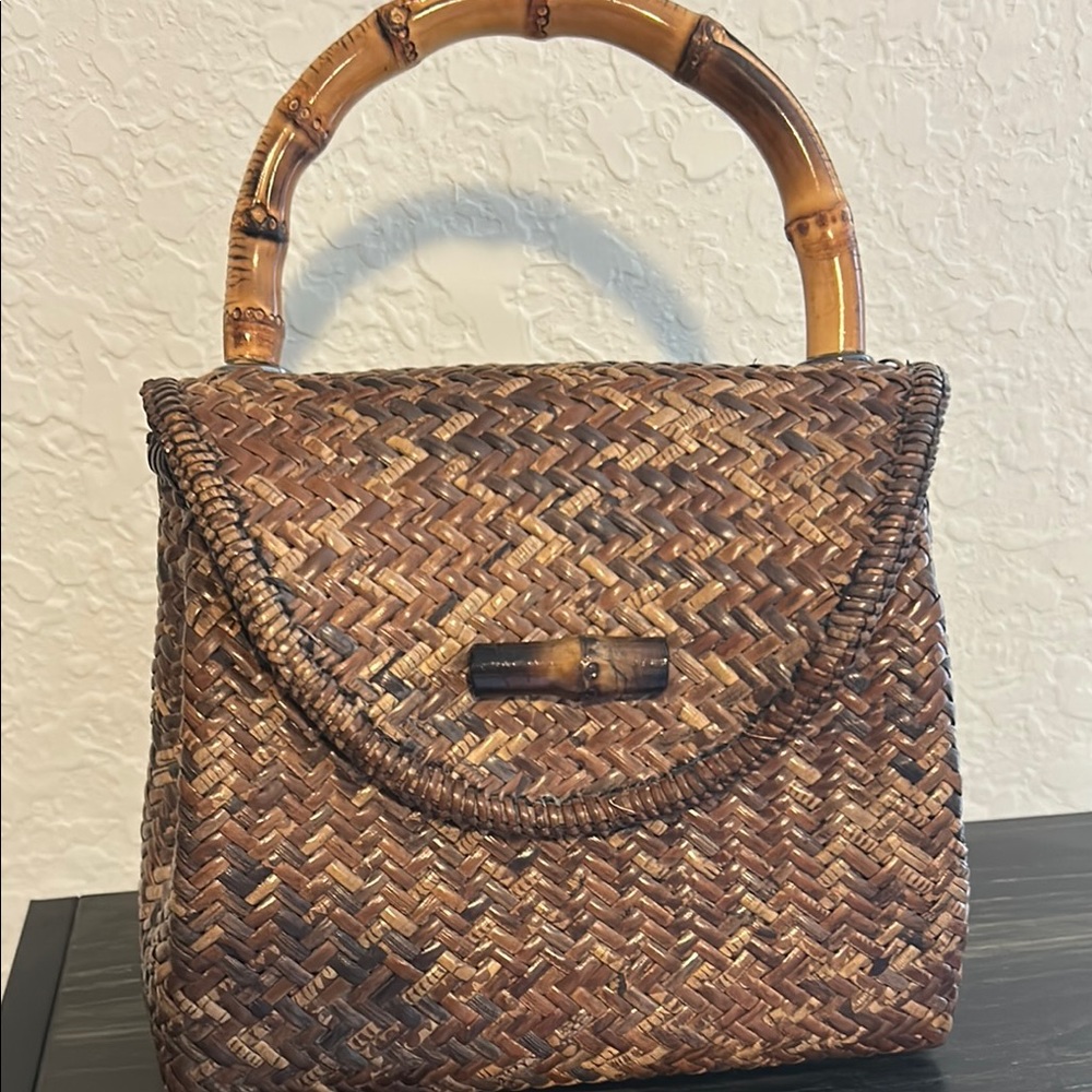 Asiaphile Los Angeles Brown Wicker Bag with Bamboo Handle
